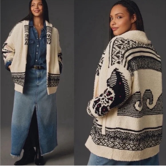 Anthropologie Sweaters - Anthropologie Cream and Black Patterned Sherpa Cardigan